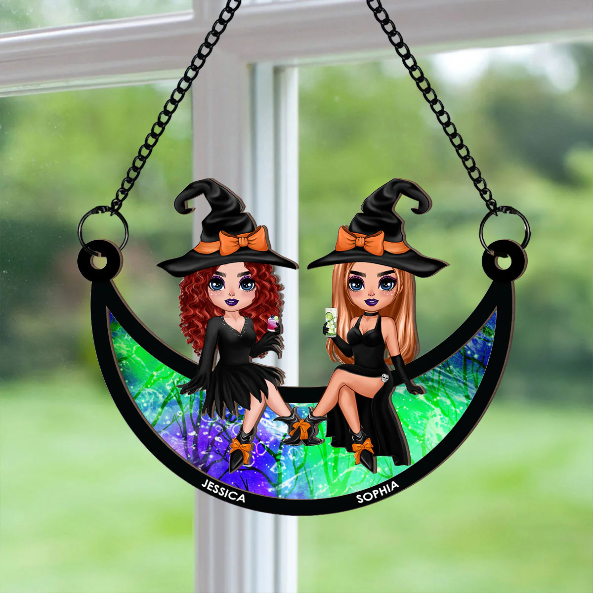 Halloween Witch Besties Sitting On Moon Personalized Window Hanging Suncatcher Ornament, Halloween Decor - Image 4