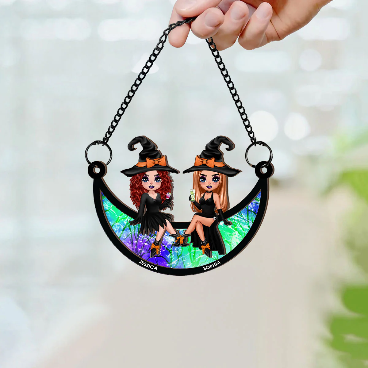 Halloween Witch Besties Sitting On Moon Personalized Window Hanging Suncatcher Ornament, Halloween Decor - Image 5