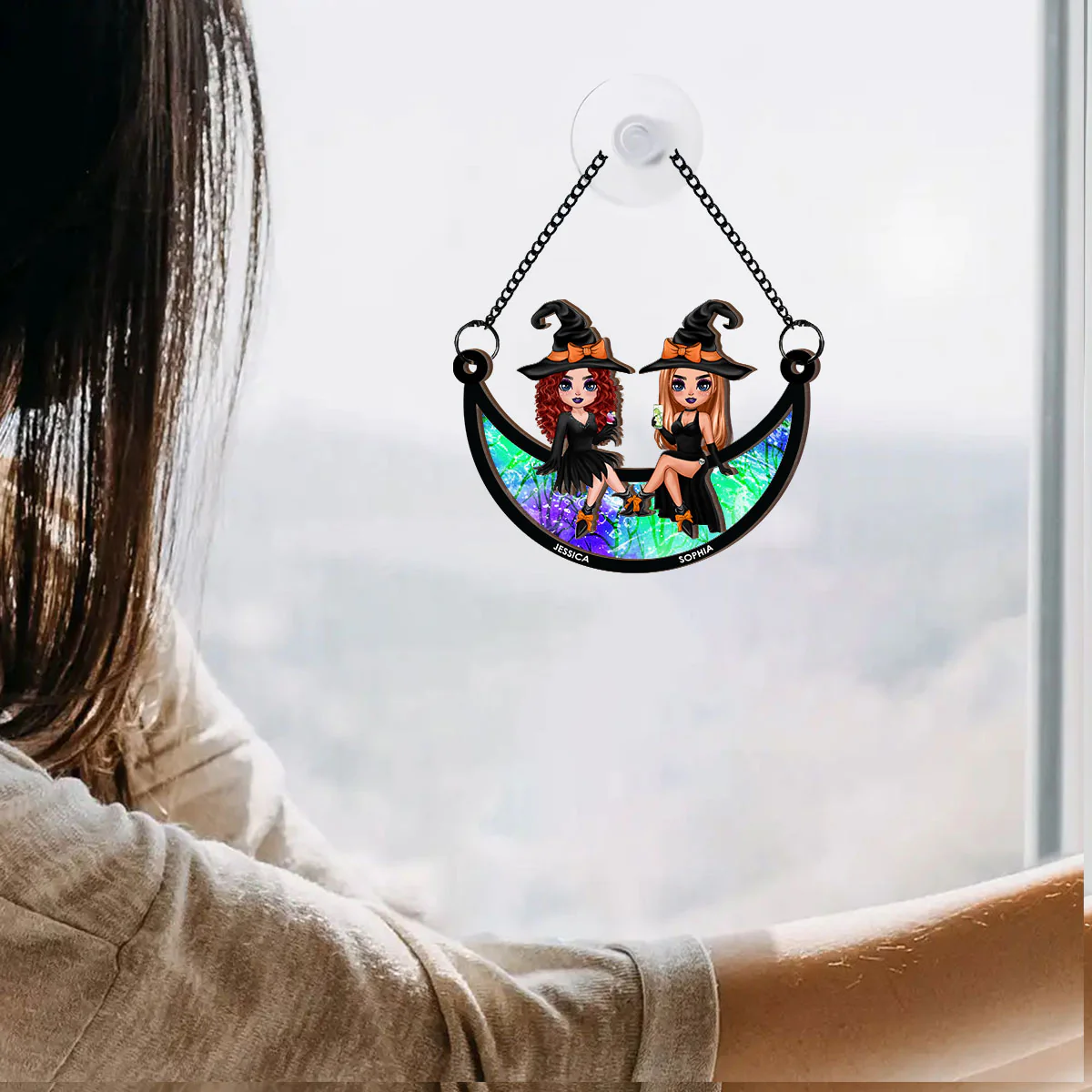 Halloween Witch Besties Sitting On Moon Personalized Window Hanging Suncatcher Ornament, Halloween Decor - Image 6
