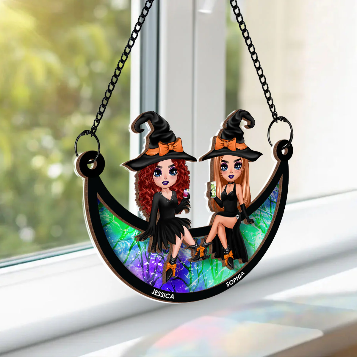 Halloween Witch Besties Sitting On Moon Personalized Window Hanging Suncatcher Ornament, Halloween Decor - Image 7