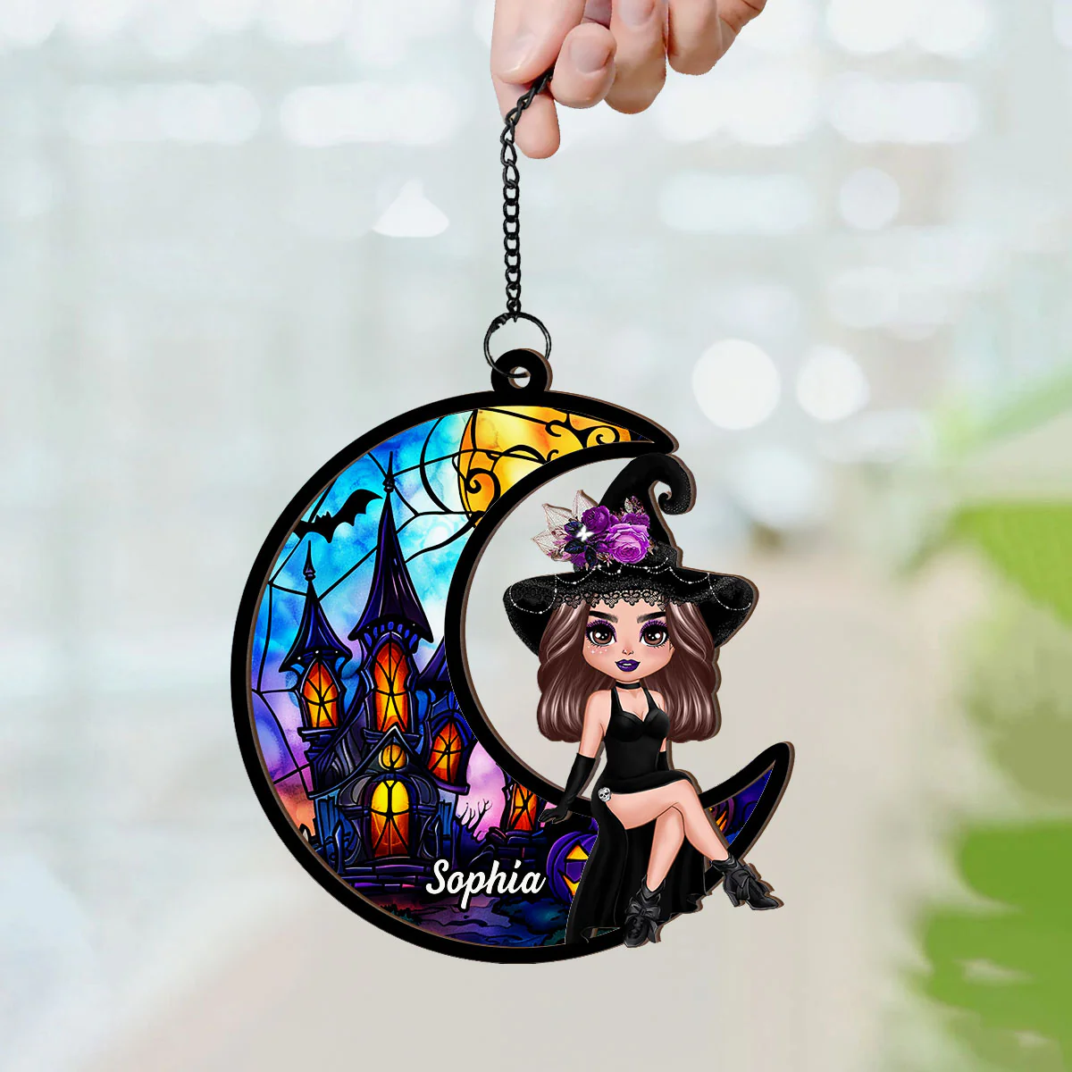 Halloween Witch Sitting On Moon Personalized Suncatcher, Halloween Decoration - Image 4