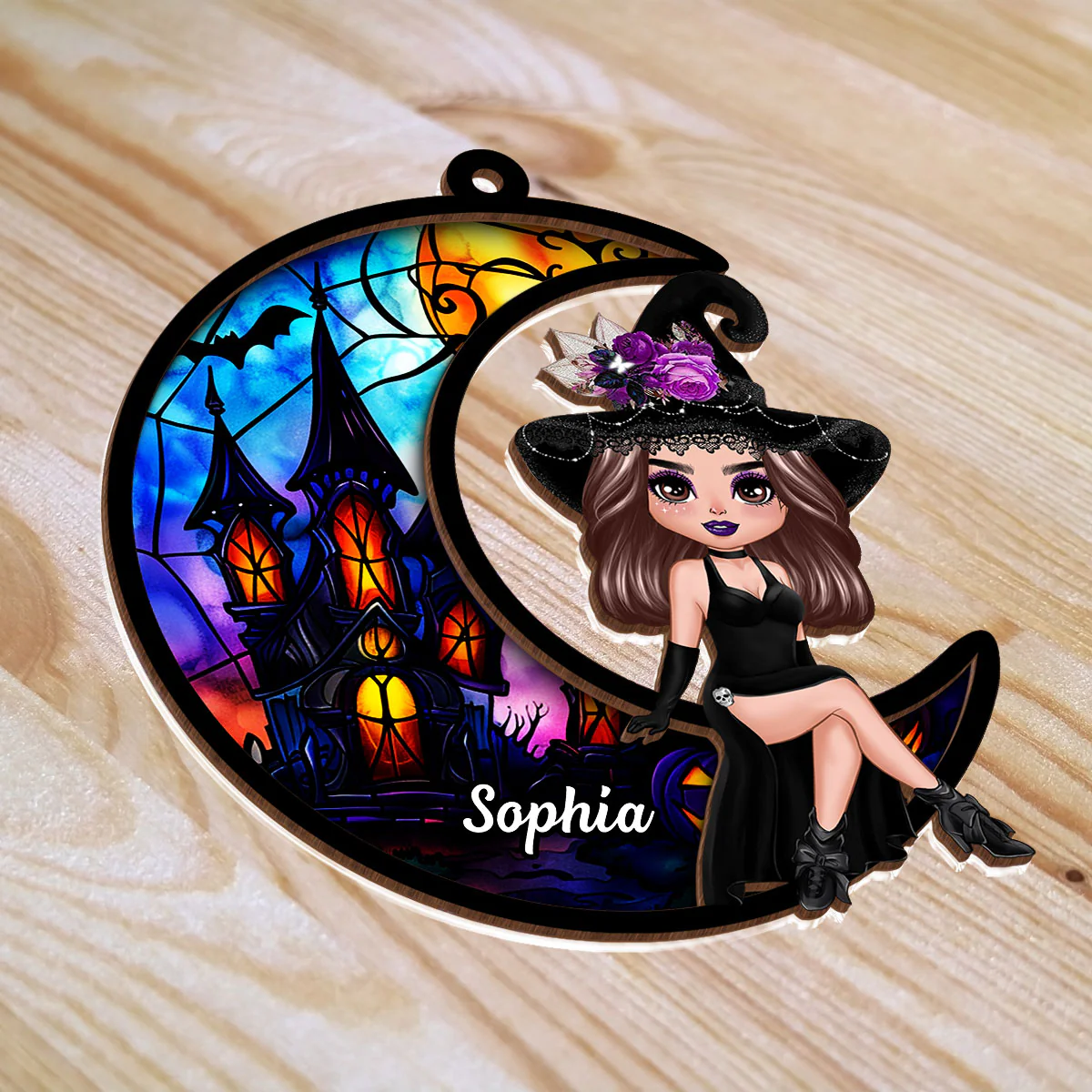Halloween Witch Sitting On Moon Personalized Suncatcher, Halloween Decoration - Image 6
