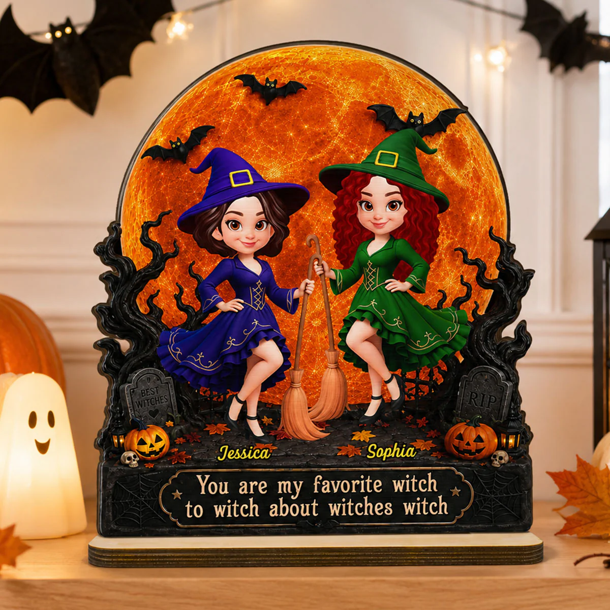 Halloween Witches Besties Moon Light - Personalized 2-Layered Wooden Plaque - Halloween Gift For Best Friends
