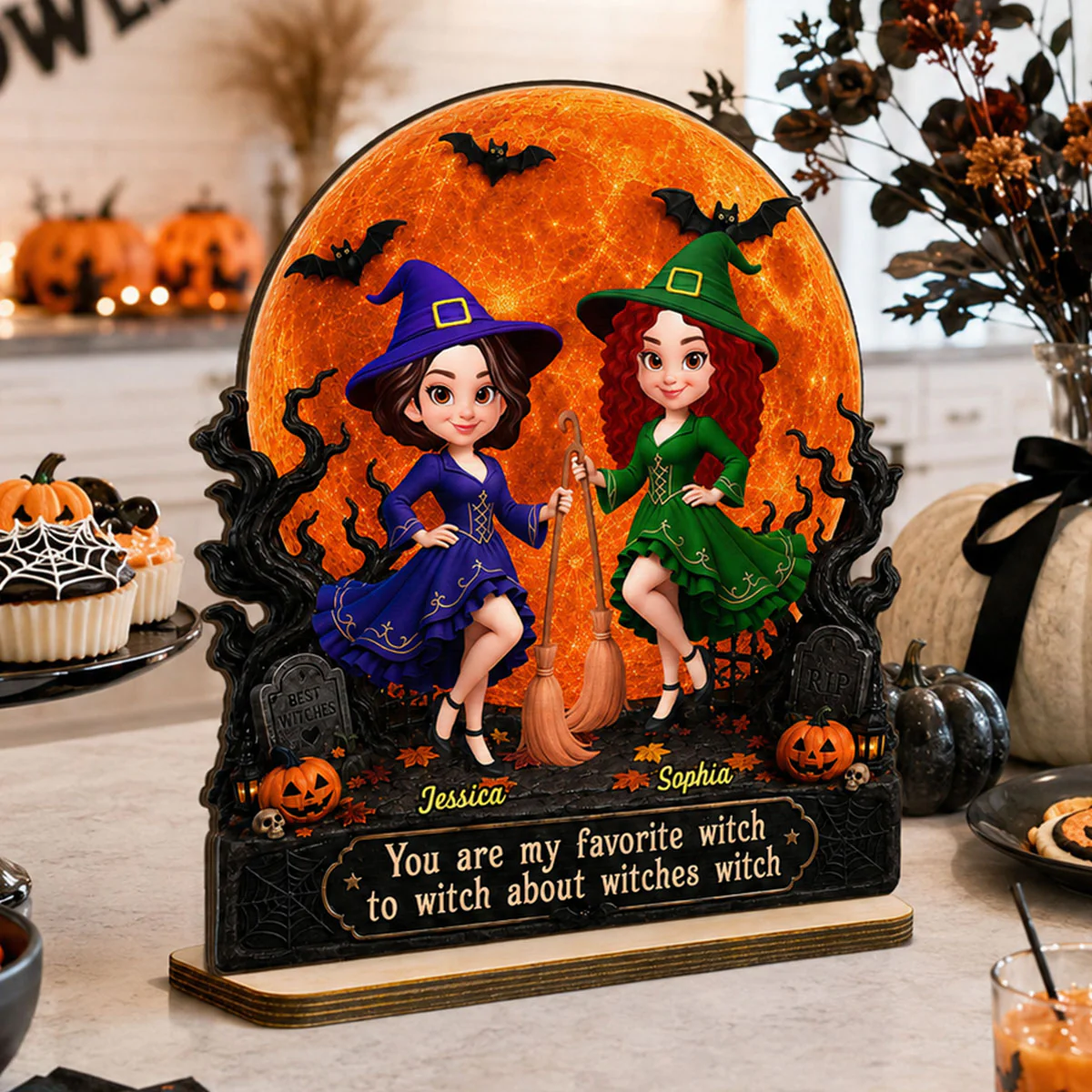 Halloween Witches Besties Moon Light - Personalized 2-Layered Wooden Plaque - Halloween Gift For Best Friends - Image 2