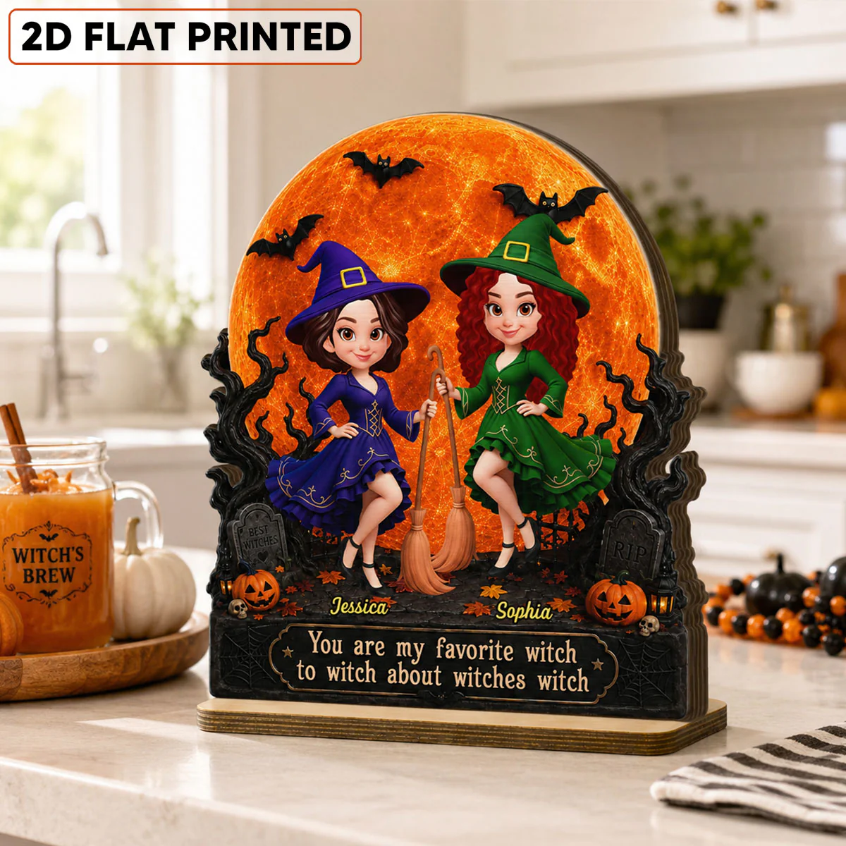 Halloween Witches Besties Moon Light - Personalized 2-Layered Wooden Plaque - Halloween Gift For Best Friends - Image 3
