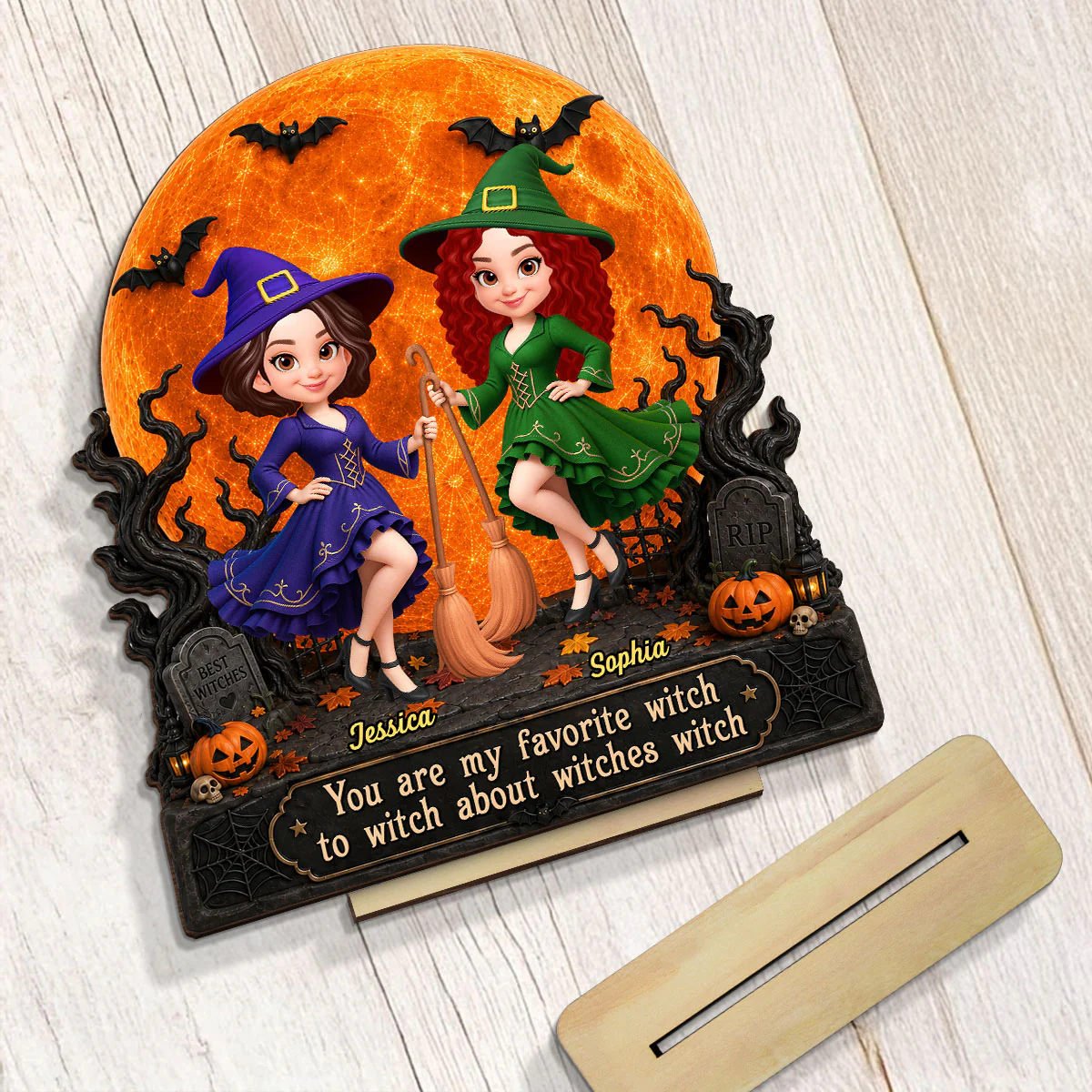 Halloween Witches Besties Moon Light - Personalized 2-Layered Wooden Plaque - Halloween Gift For Best Friends - Image 5