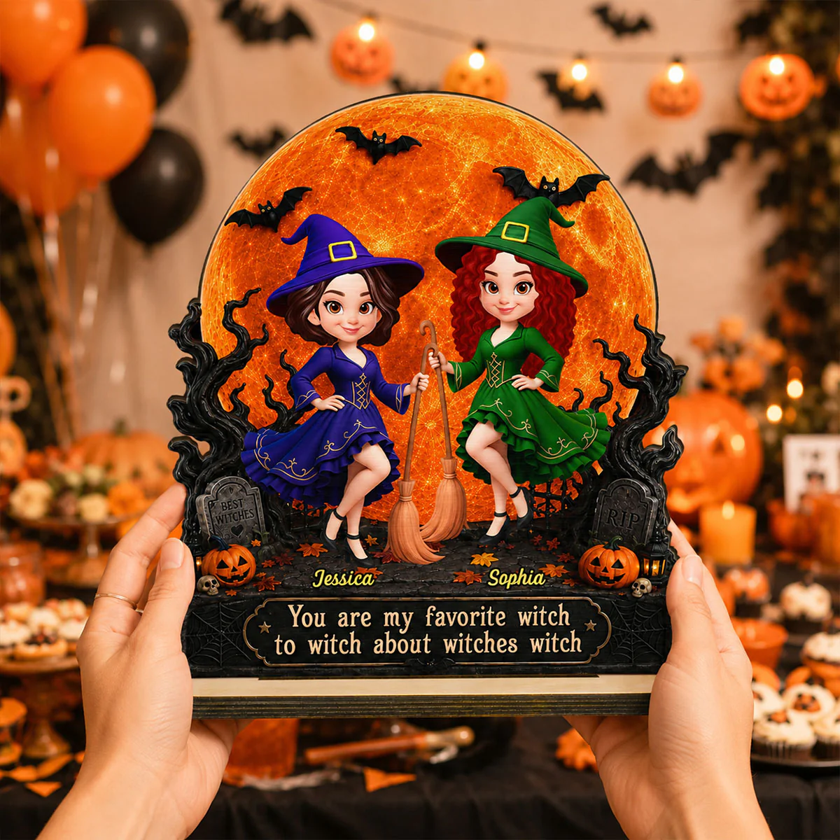 Halloween Witches Besties Moon Light - Personalized 2-Layered Wooden Plaque - Halloween Gift For Best Friends - Image 7