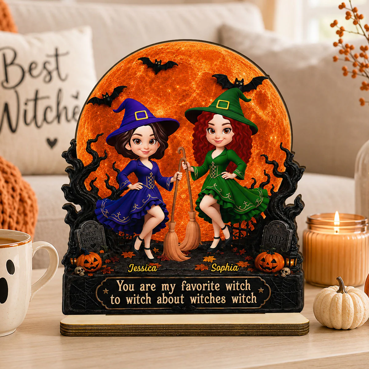 Halloween Witches Besties Moon Light - Personalized 2-Layered Wooden Plaque - Halloween Gift For Best Friends - Image 8