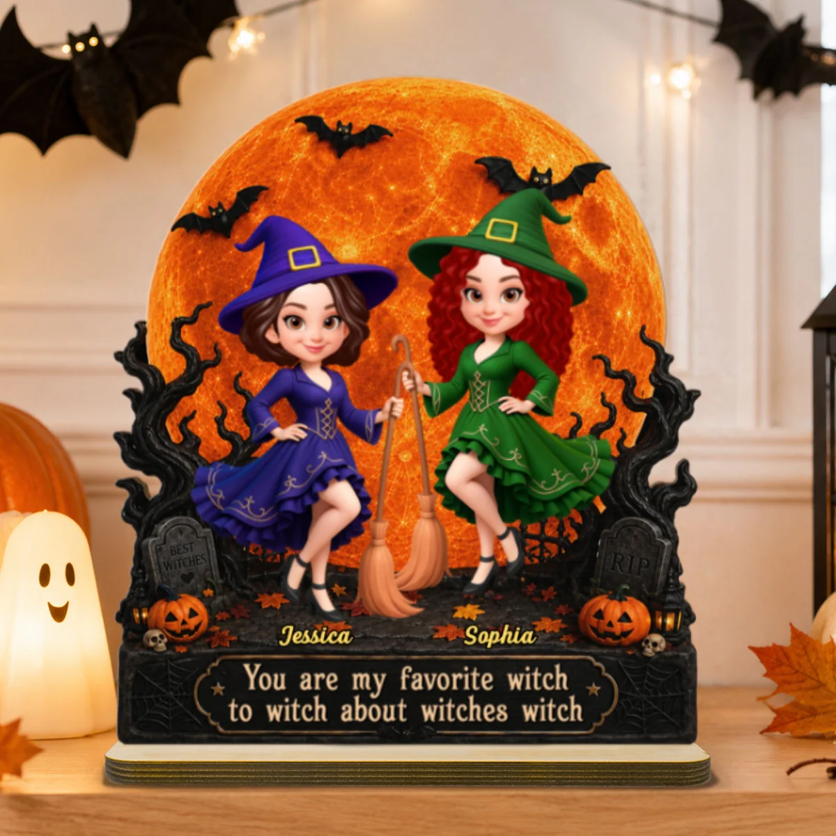 Halloween Witches Besties Moon Light - Personalized 2-Layered Wooden Plaque - Halloween Gift For Best Friends - Image 9