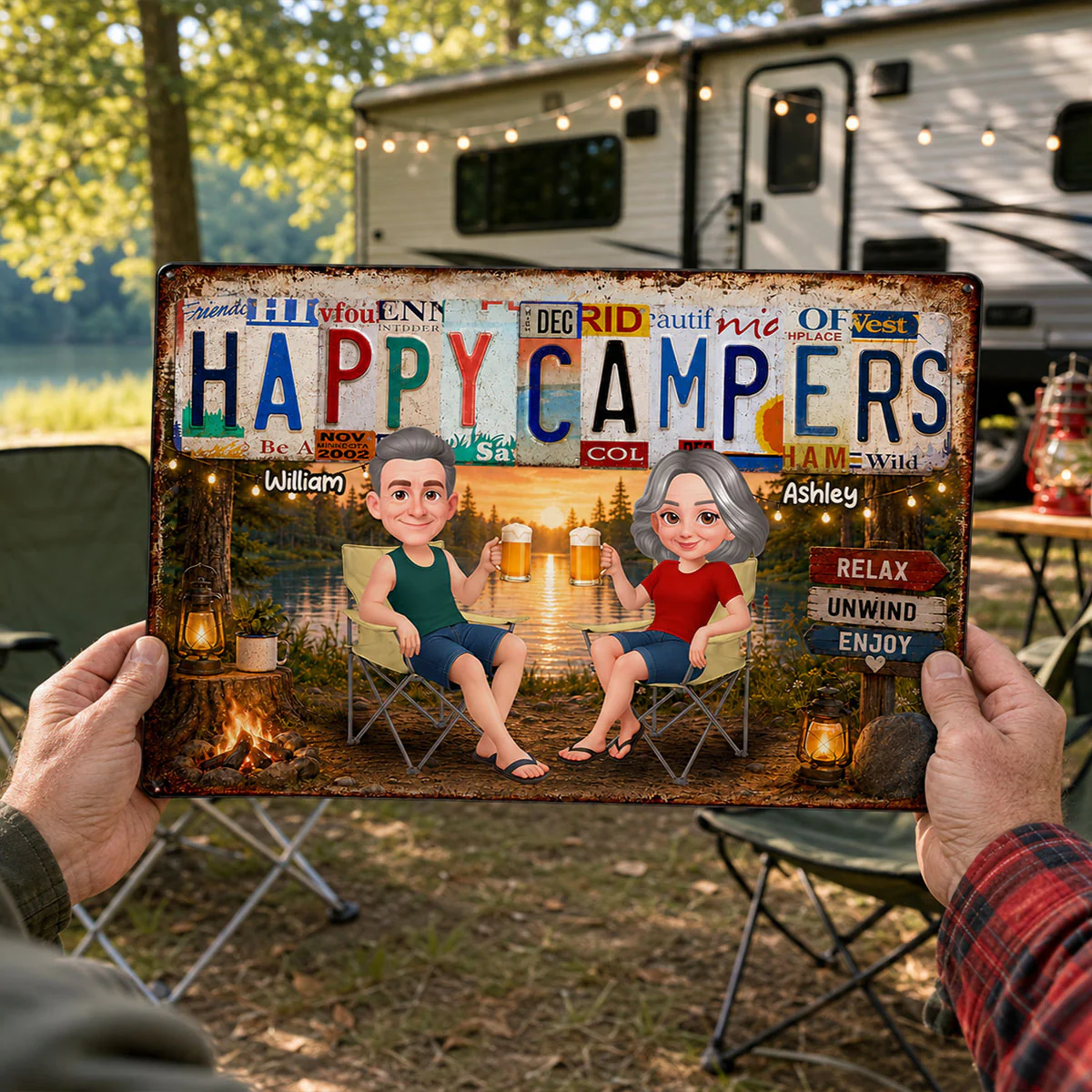 Happy Campers Camping Couple License Plate Style - Personalized Metal Sign - Gift For Campers - Image 4