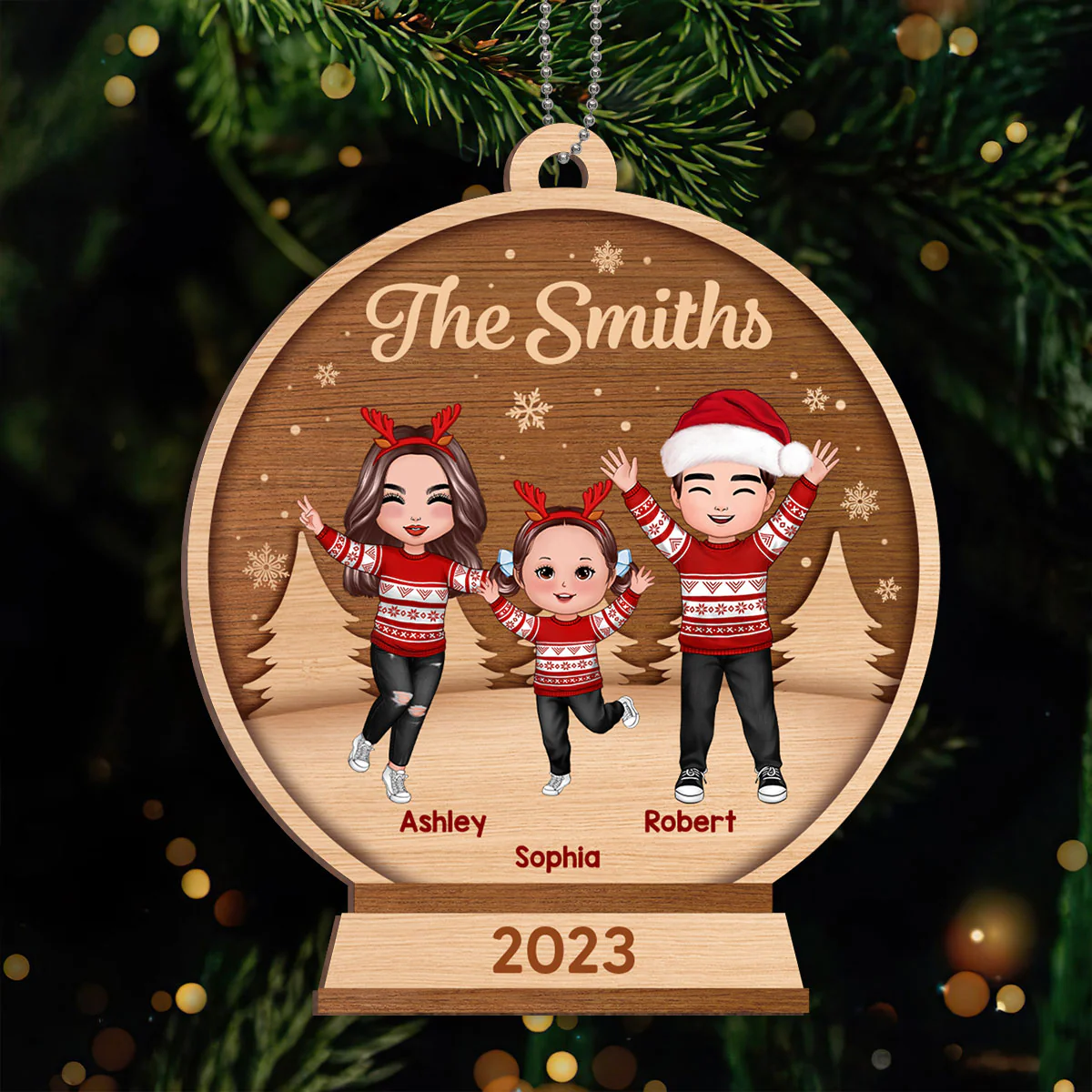 Happy Christmas Doll Family In Snow Globe Personalized Wooden Ornament - Image 3