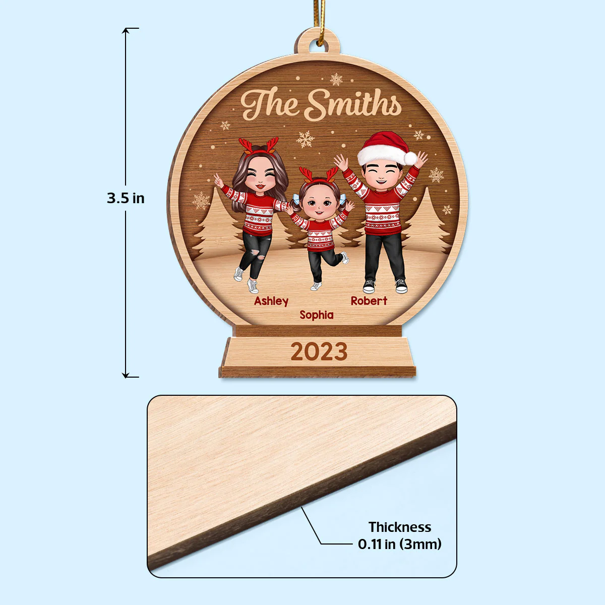 Happy Christmas Doll Family In Snow Globe Personalized Wooden Ornament - Image 4