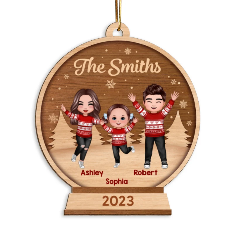 Happy Christmas Doll Family In Snow Globe Personalized Wooden Ornament - Image 5