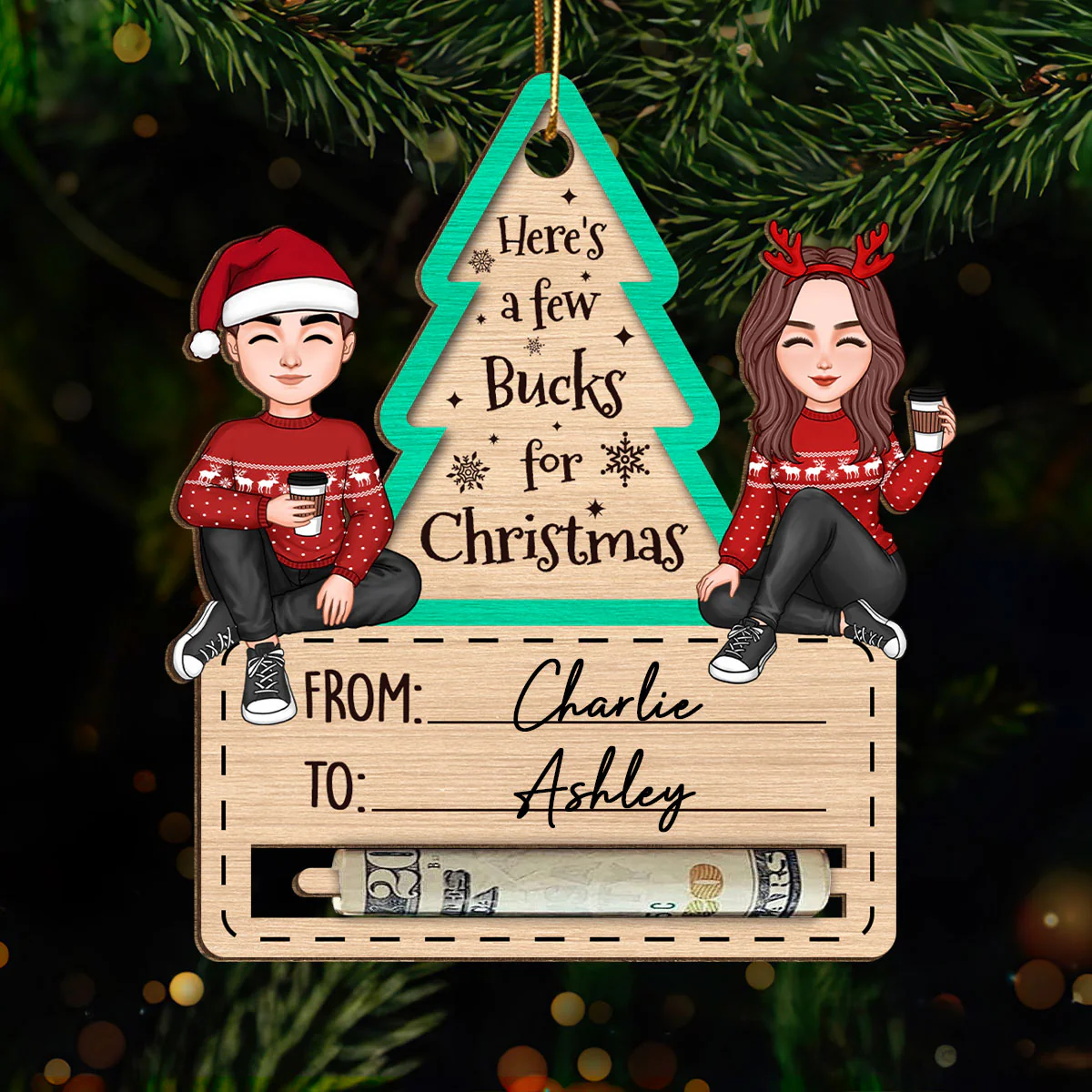 Happy Couple Sitting Christmas Money Holder Personalized Wooden Ornament - Image 2