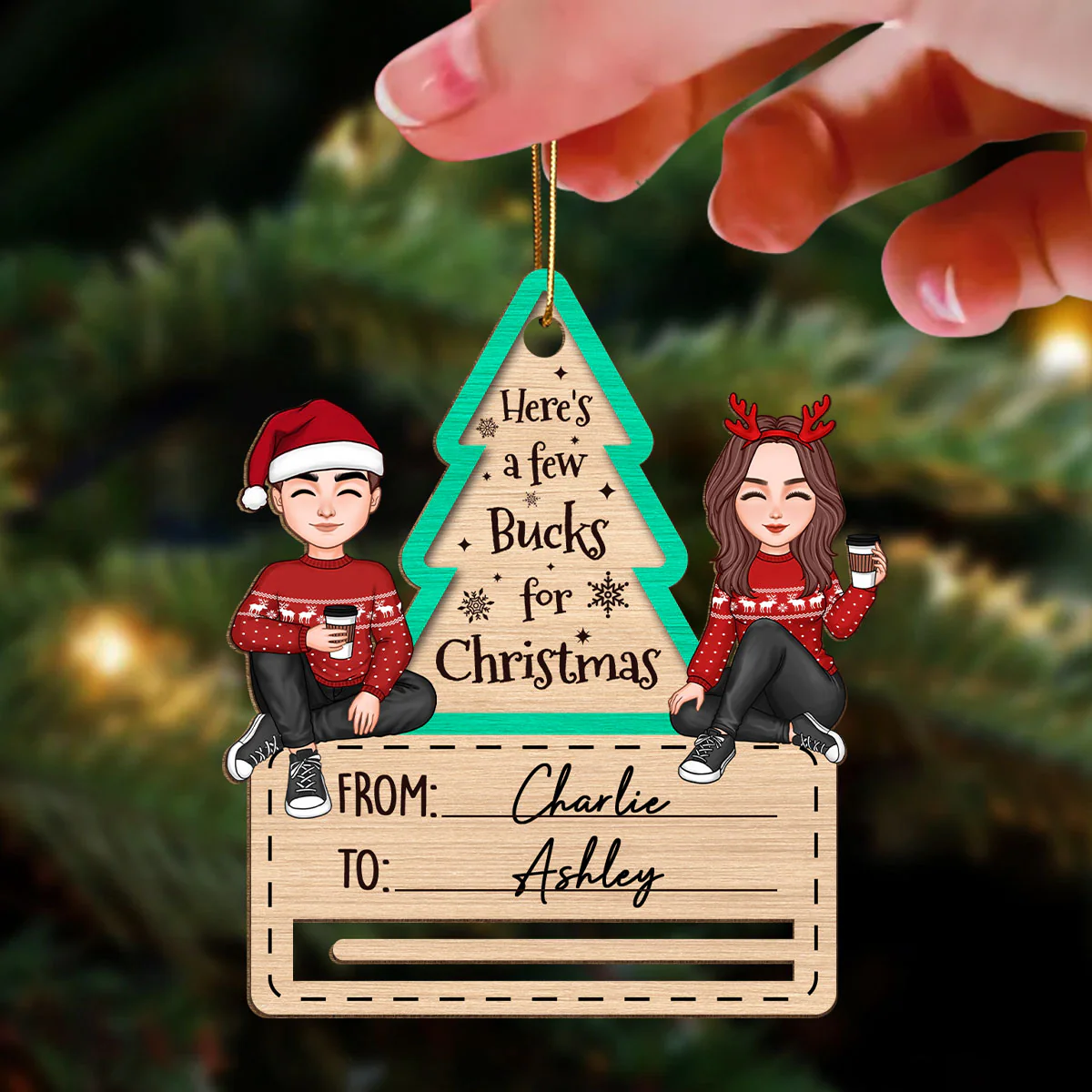 Happy Couple Sitting Christmas Money Holder Personalized Wooden Ornament - Image 3