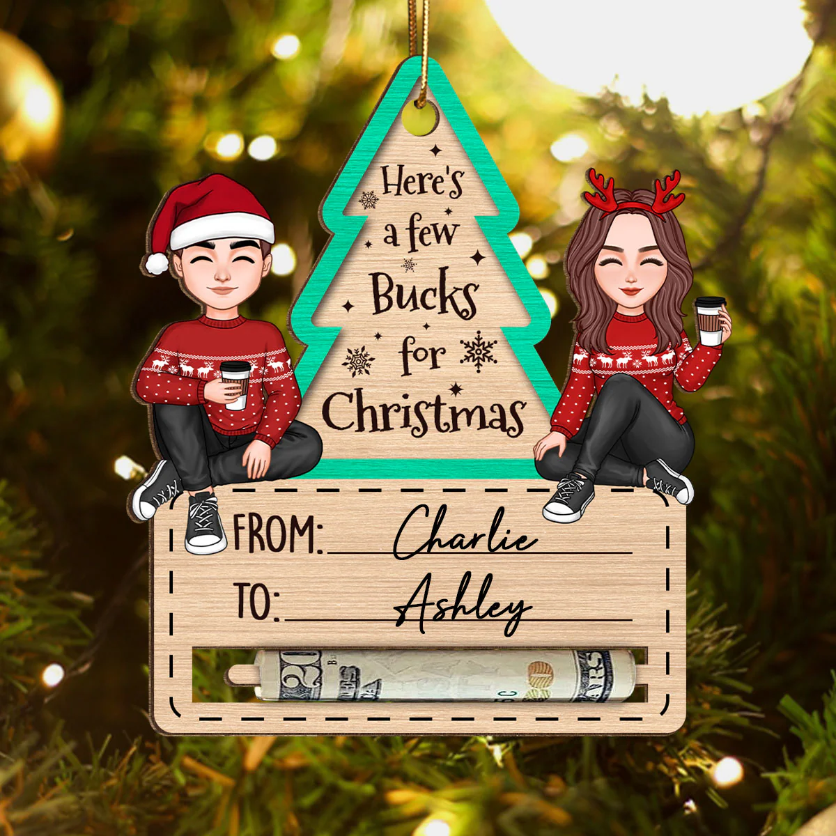 Happy Couple Sitting Christmas Money Holder Personalized Wooden Ornament - Image 4
