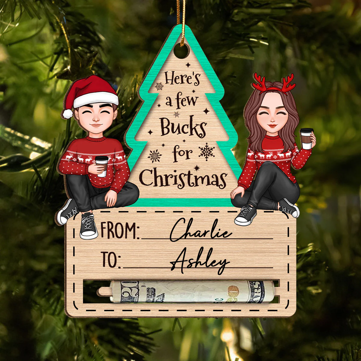 Happy Couple Sitting Christmas Money Holder Personalized Wooden Ornament - Image 5