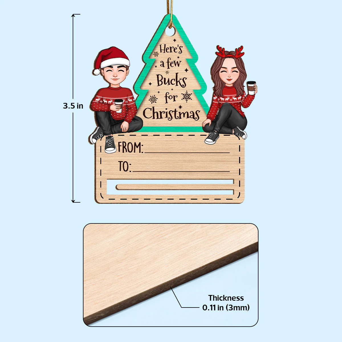 Happy Couple Sitting Christmas Money Holder Personalized Wooden Ornament - Image 6