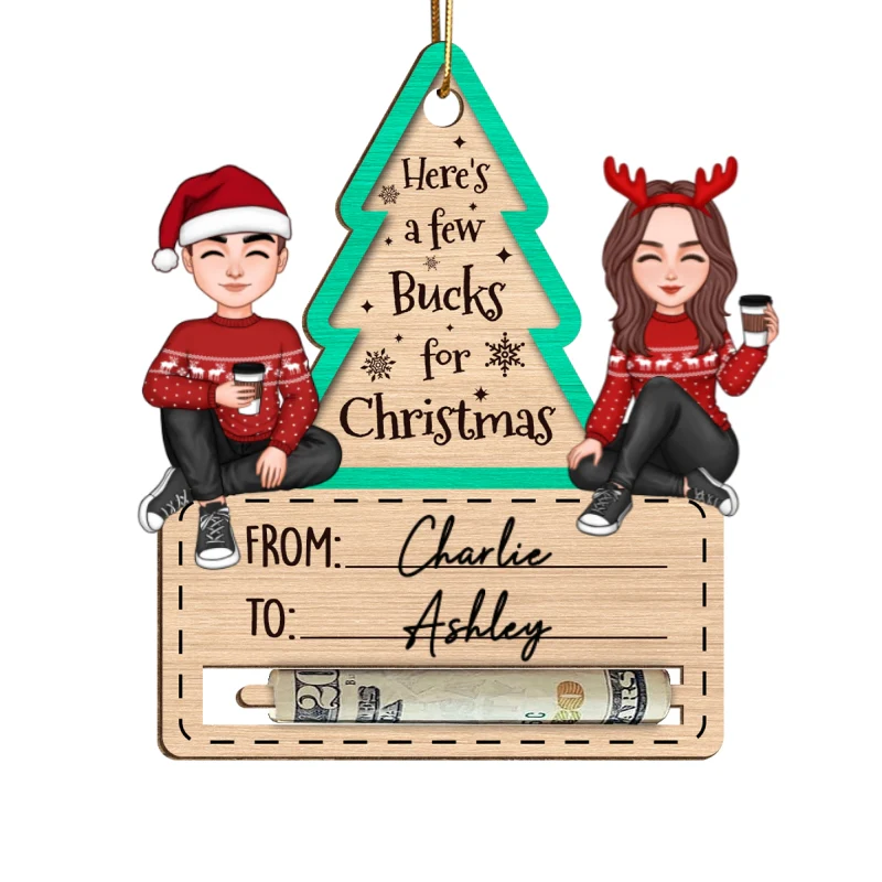 Happy Couple Sitting Christmas Money Holder Personalized Wooden Ornament - Image 7