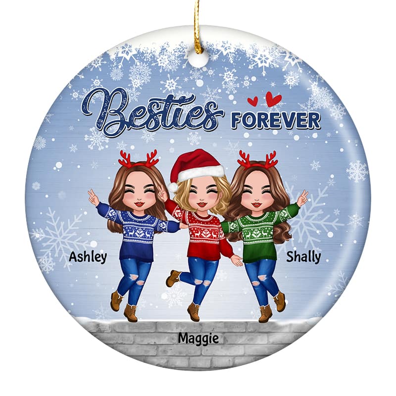 Happy Doll Besties In Snow Personalized Circle Ornament
