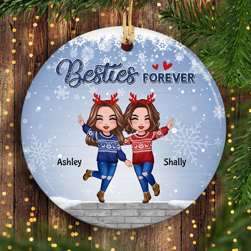 Happy Doll Besties In Snow Personalized Circle Ornament - Image 2