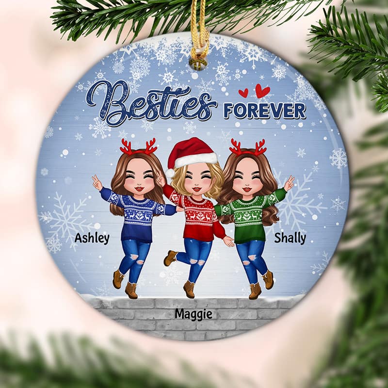 Happy Doll Besties In Snow Personalized Circle Ornament - Image 3