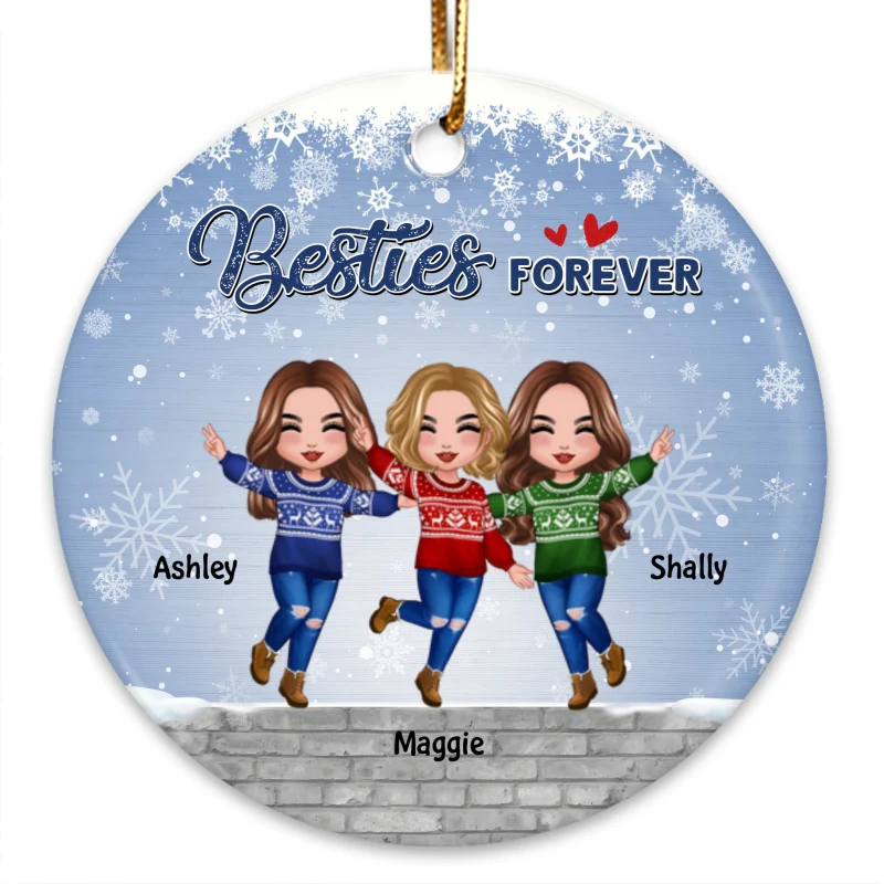 Happy Doll Besties In Snow Personalized Circle Ornament - Image 4