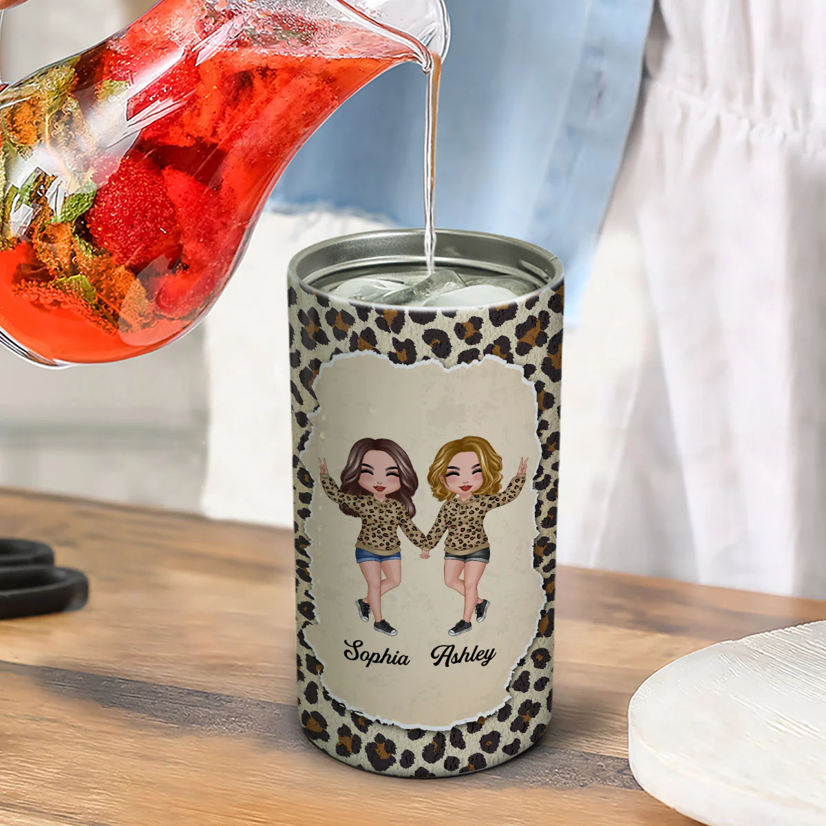 Happy Doll Besties Sisters Torn Leopard Frame Personalized 4 In 1 Can Cooler - Image 4