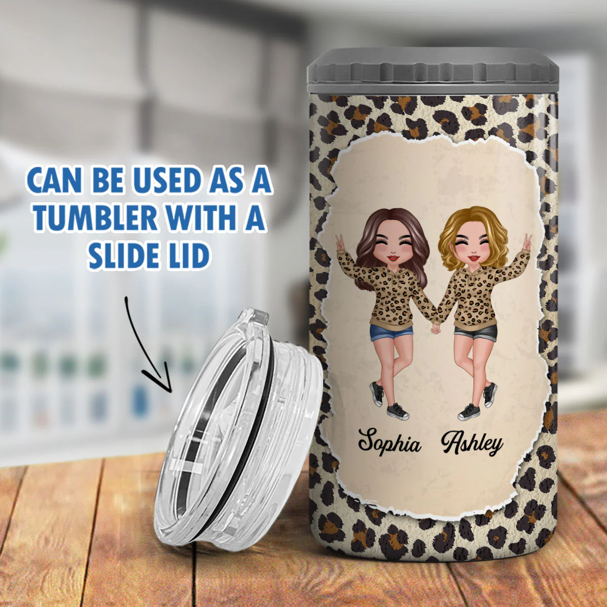 Happy Doll Besties Sisters Torn Leopard Frame Personalized 4 In 1 Can Cooler - Image 7