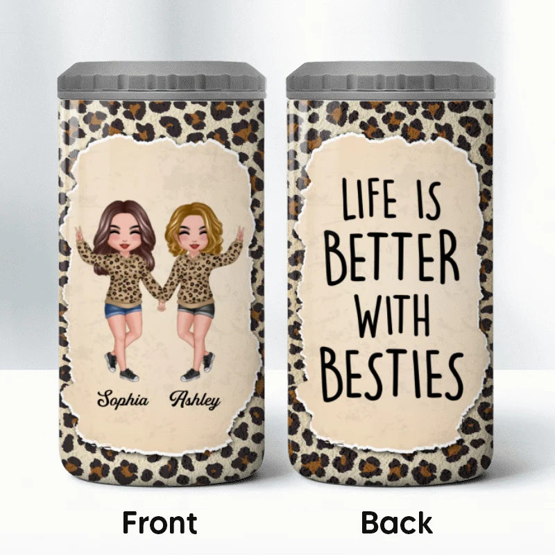 Happy Doll Besties Sisters Torn Leopard Frame Personalized 4 In 1 Can Cooler - Image 8