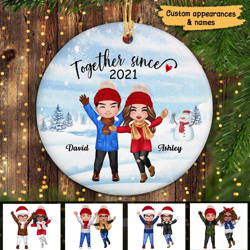 Happy Doll Couple In Snow Christmas Personalized Circle Ornament - Image 2