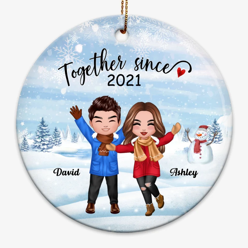 Happy Doll Couple In Snow Christmas Personalized Circle Ornament - Image 3