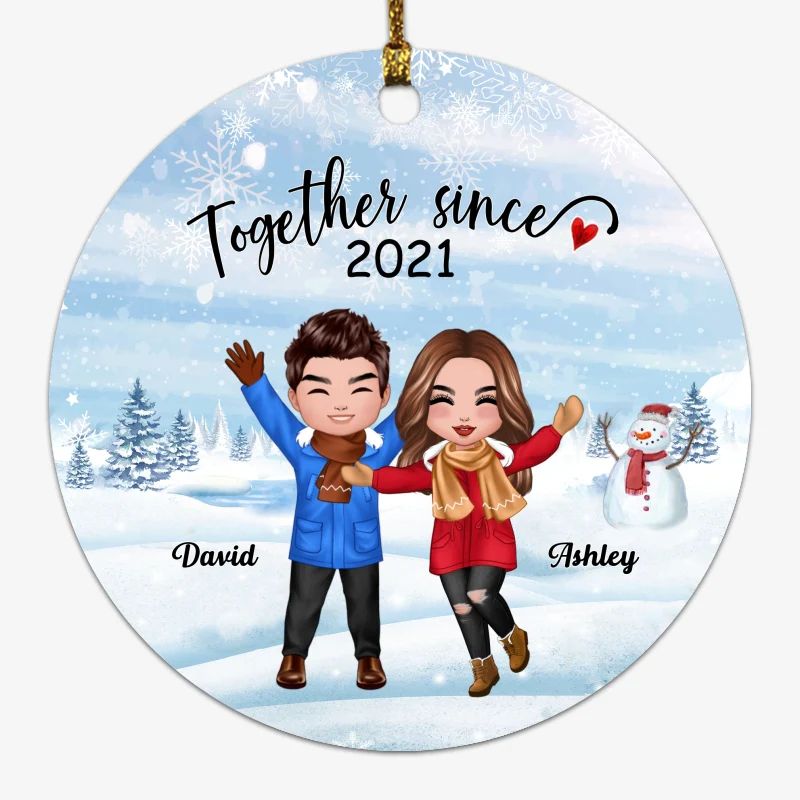 Happy Doll Couple In Snow Christmas Personalized Circle Ornament - Image 4
