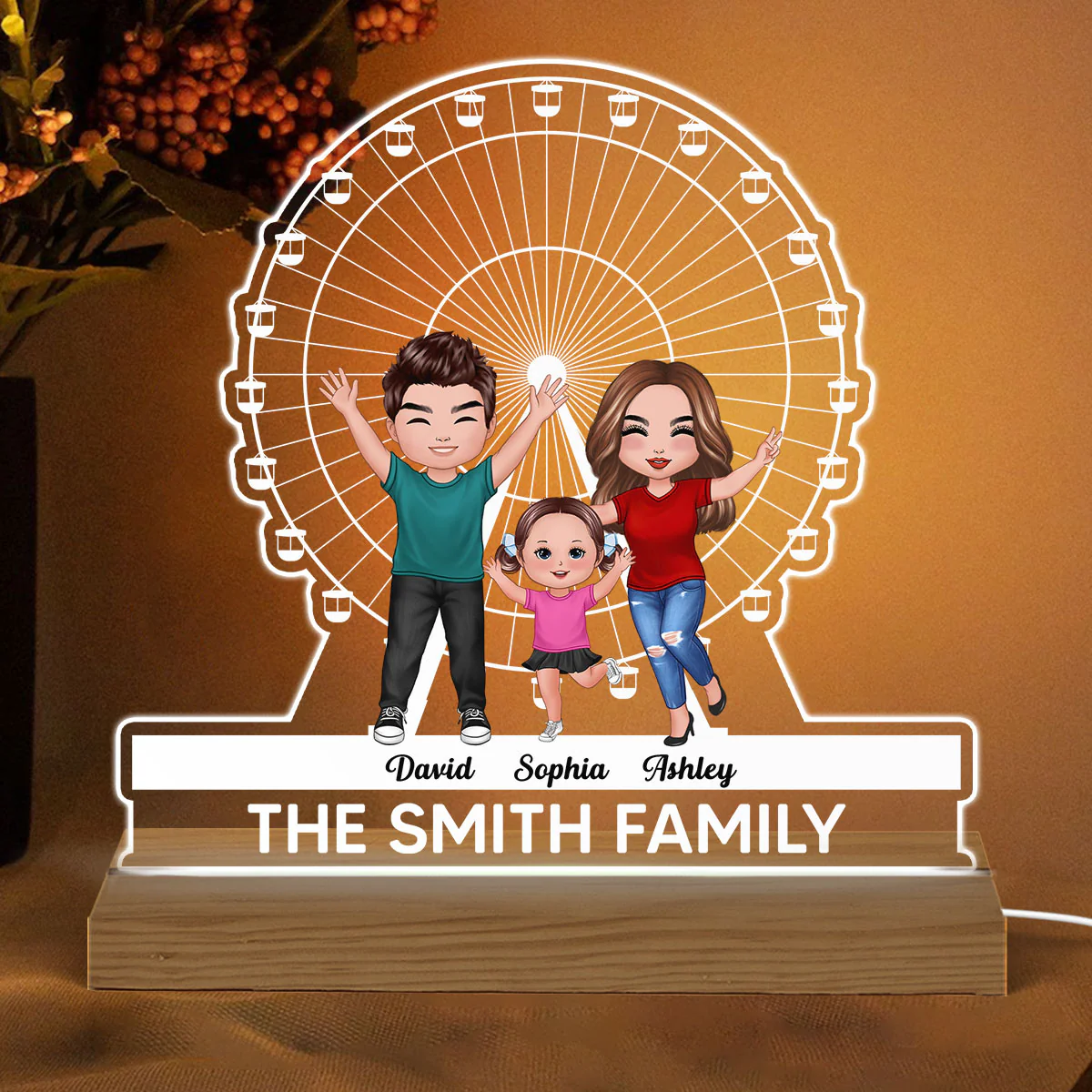 Happy Doll Family And Ferris Wheel Personalized Custom Shaped Acrylic Plaque With Warm LED Night Light - Image 2