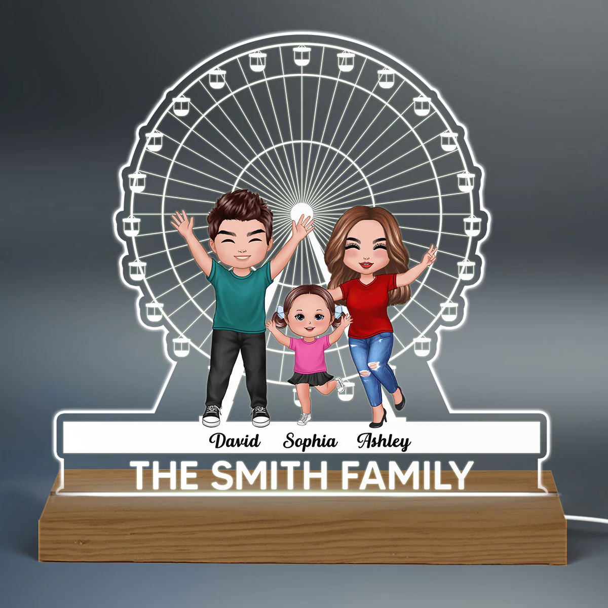 Happy Doll Family And Ferris Wheel Personalized Custom Shaped Acrylic Plaque With Warm LED Night Light - Image 3