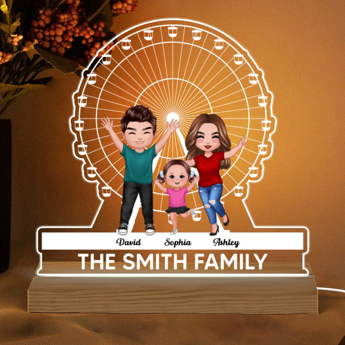 Happy Doll Family And Ferris Wheel Personalized Custom Shaped Acrylic Plaque With Warm LED Night Light - Image 4