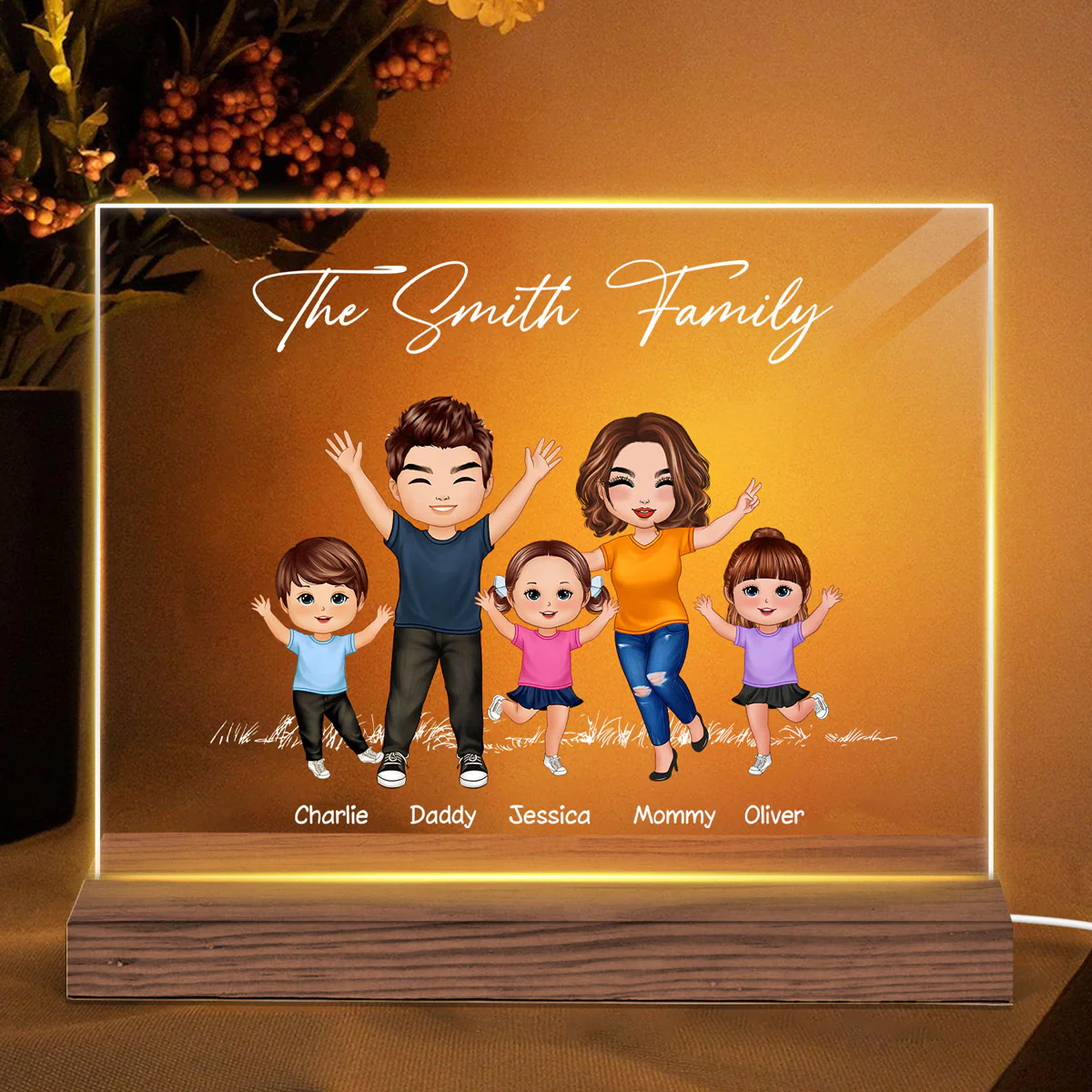 Happy Doll Family Couple Kid Dog Cat Personalized Custom Shaped Acrylic Plaque With LED Night Light - Image 2