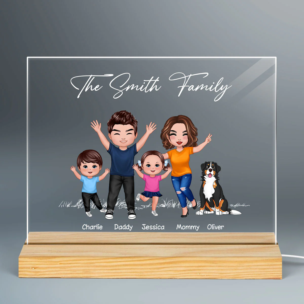Happy Doll Family Couple Kid Dog Cat Personalized Custom Shaped Acrylic Plaque With LED Night Light - Image 3