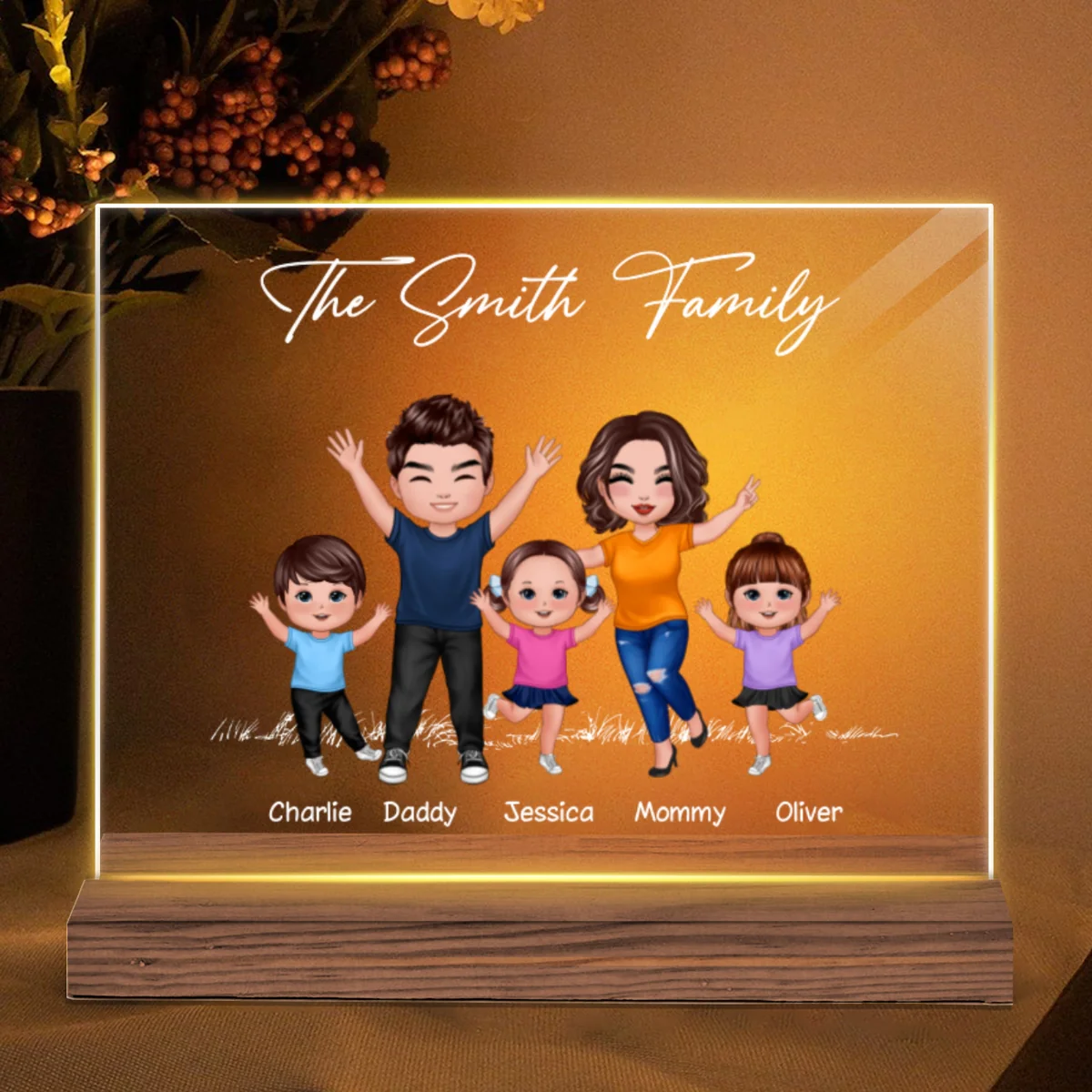 Happy Doll Family Couple Kid Dog Cat Personalized Custom Shaped Acrylic Plaque With LED Night Light - Image 5