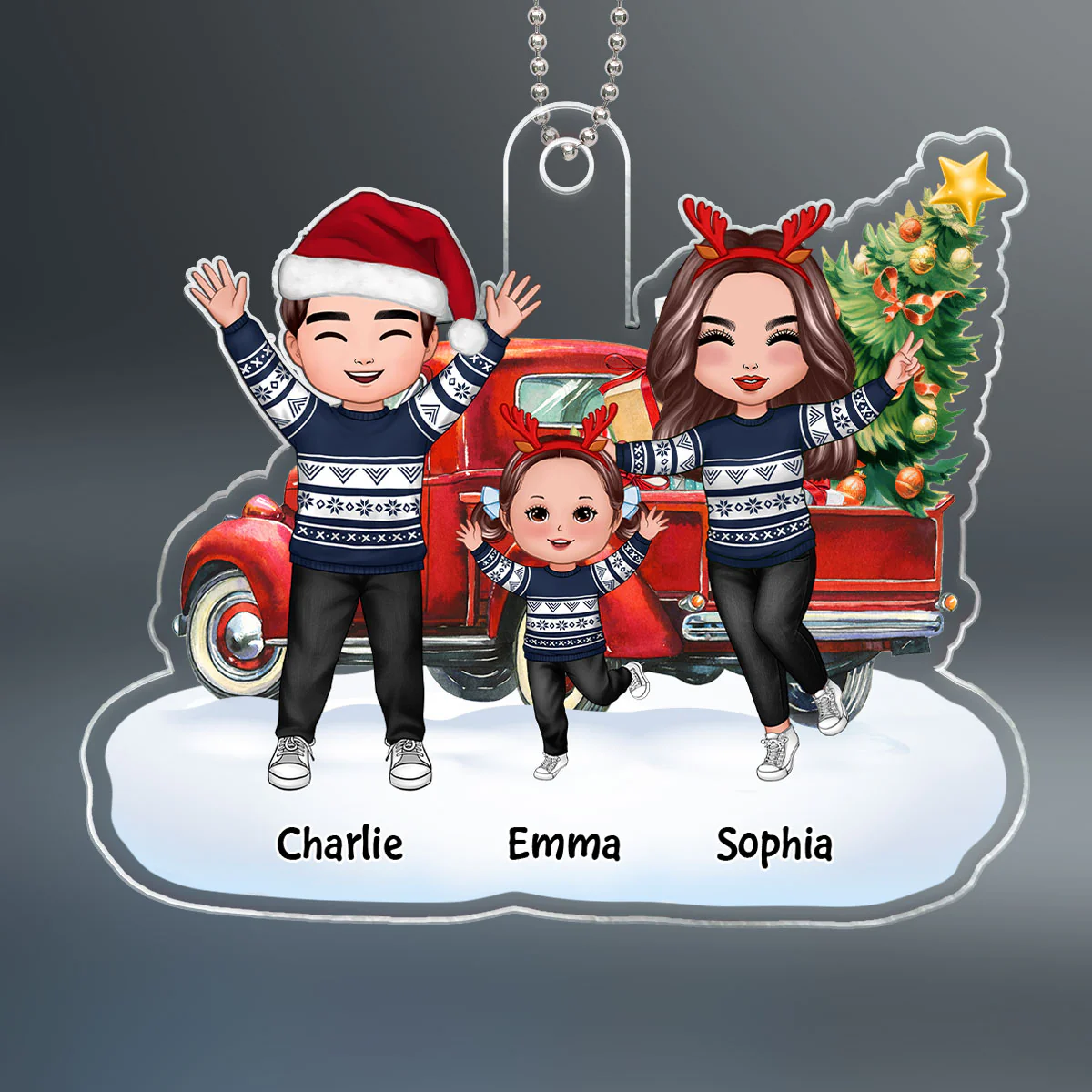 Happy Doll Family Dad Mom Kids Dogs Cats & Christmas Truck Personalized Acrylic Ornament - Image 2