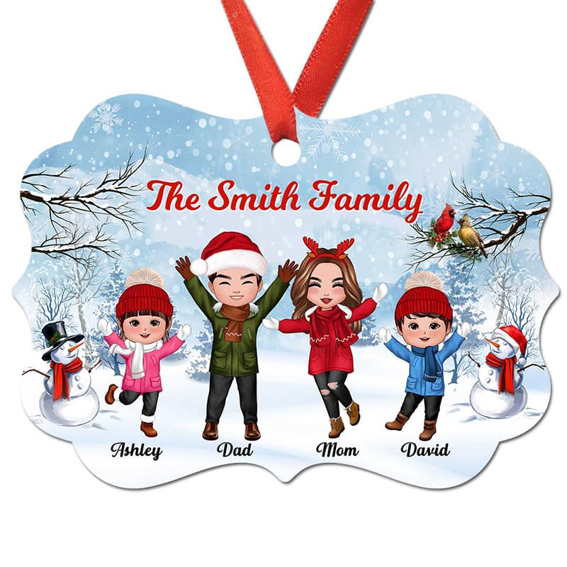 Happy Doll Family Dad Mom Kids In Snow Personalized Christmas Ornament - Image 2