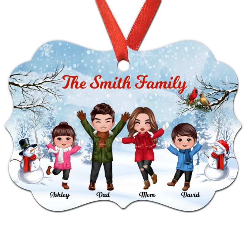 Happy Doll Family Dad Mom Kids In Snow Personalized Christmas Ornament - Image 3