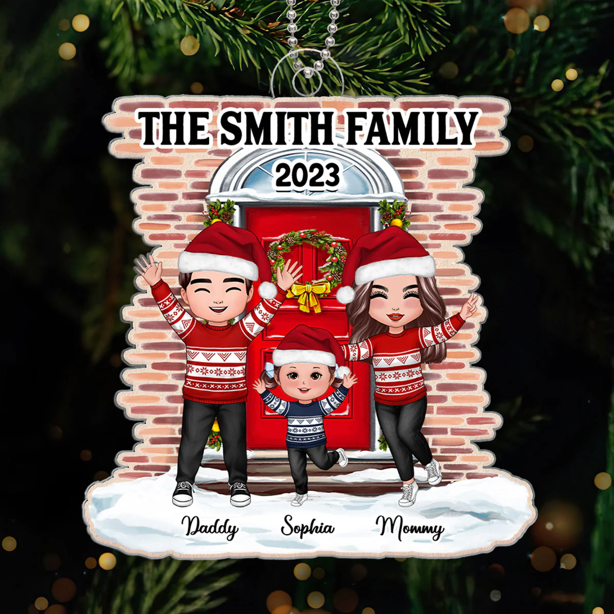 Happy Doll Family Standing Front Door Christmas Gift Personalized Acrylic Ornament