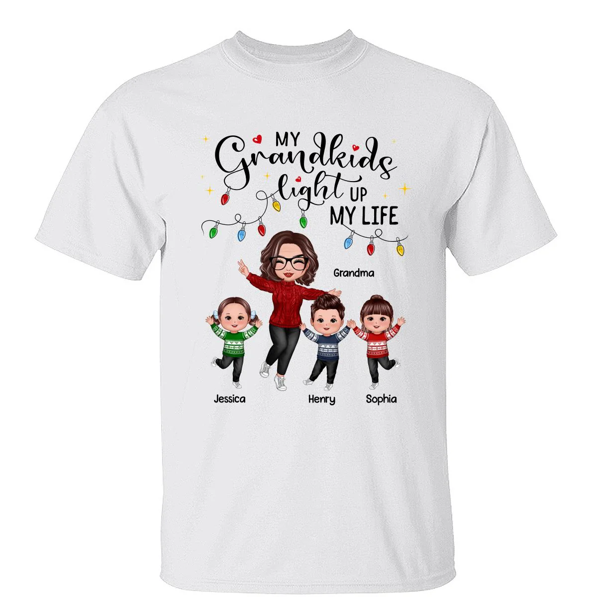Happy Doll Grandma And Kids My Grandkids Light Up My Life Christmas Personalized Shirt