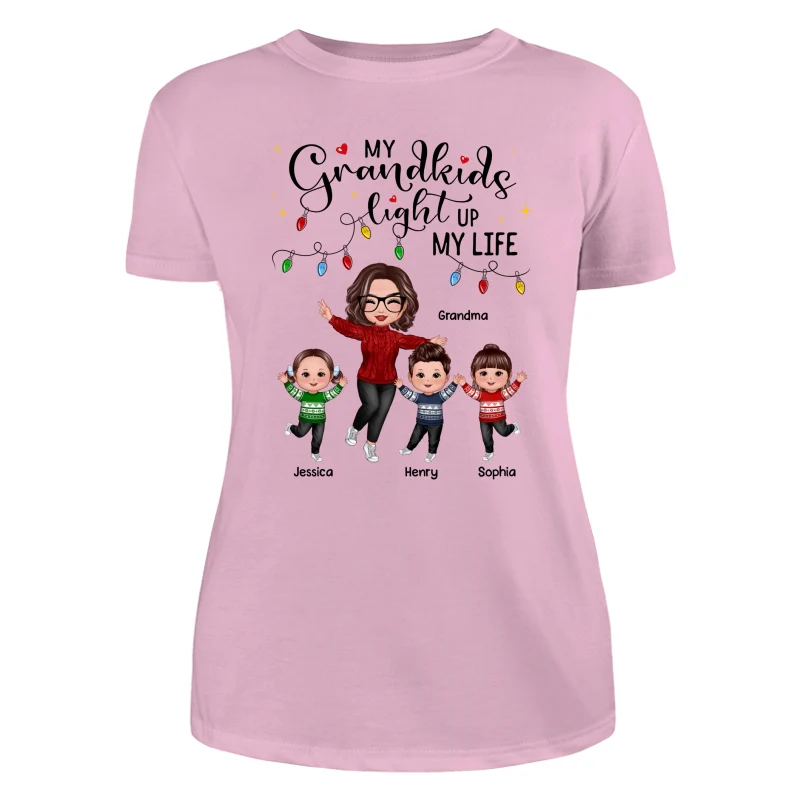 Happy Doll Grandma And Kids My Grandkids Light Up My Life Christmas Personalized Shirt - Image 11