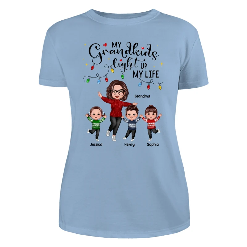 Happy Doll Grandma And Kids My Grandkids Light Up My Life Christmas Personalized Shirt - Image 12