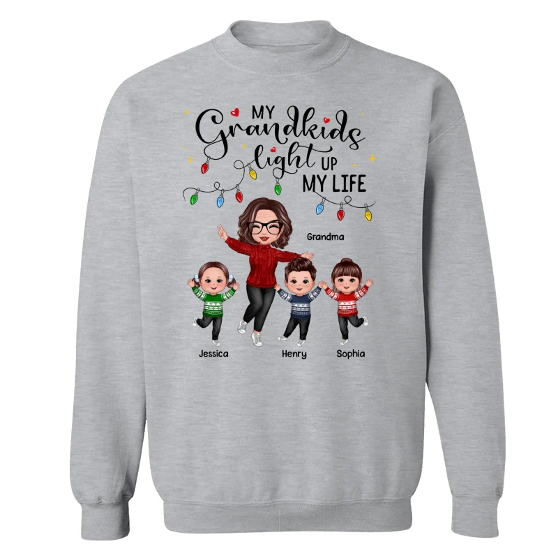 Happy Doll Grandma And Kids My Grandkids Light Up My Life Christmas Personalized Shirt - Image 18