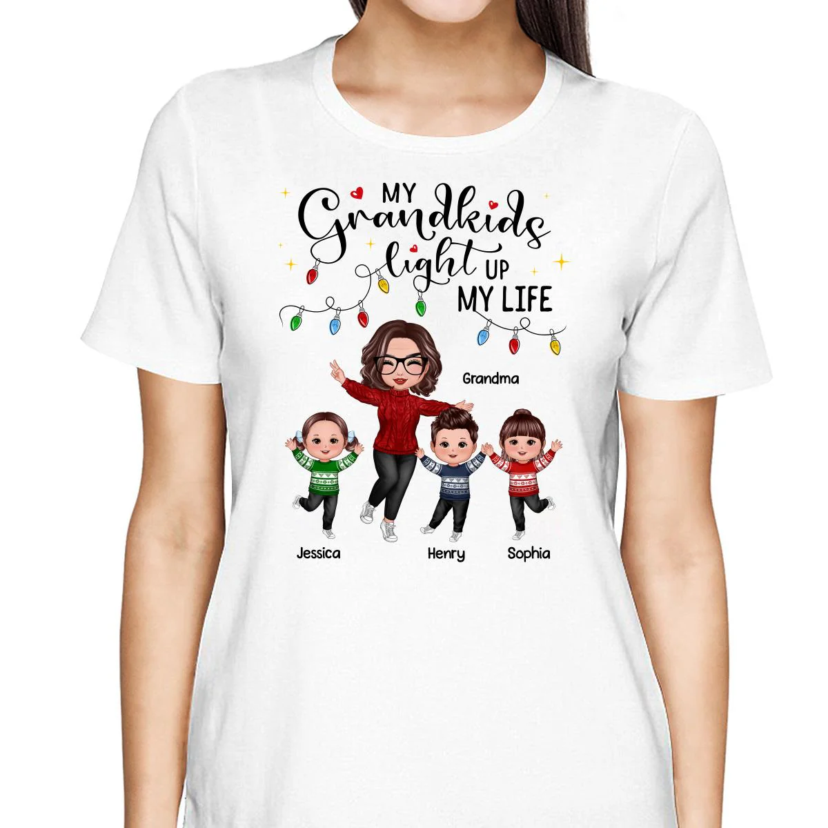 Happy Doll Grandma And Kids My Grandkids Light Up My Life Christmas Personalized Shirt - Image 2