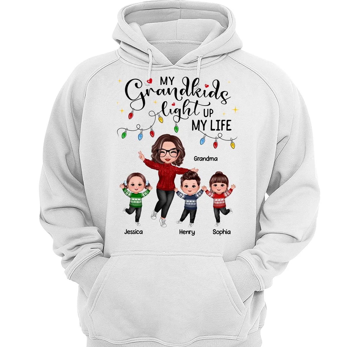 Happy Doll Grandma And Kids My Grandkids Light Up My Life Christmas Personalized Shirt - Image 3