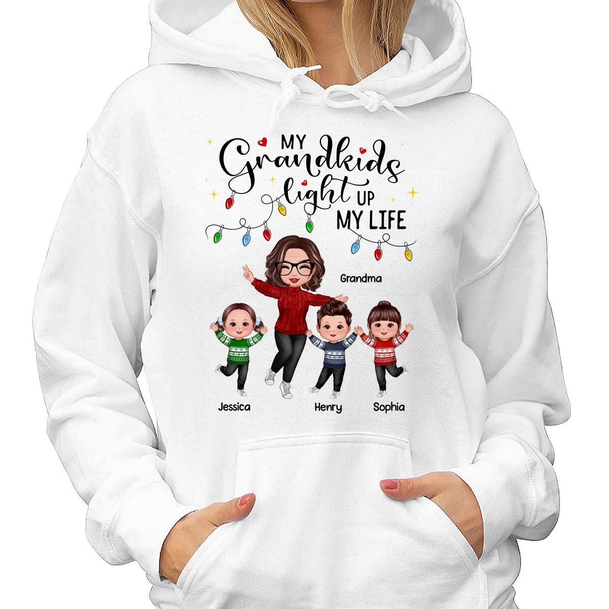 Happy Doll Grandma And Kids My Grandkids Light Up My Life Christmas Personalized Shirt - Image 4